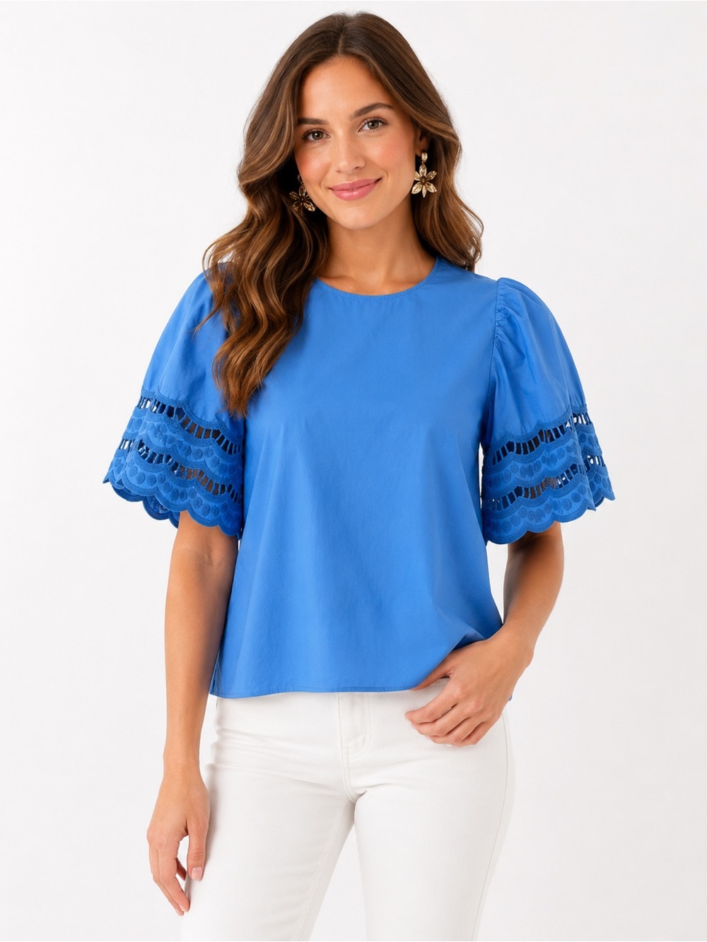 English Factory Blue Ruffle Sleeve Eyelet Top Size XS